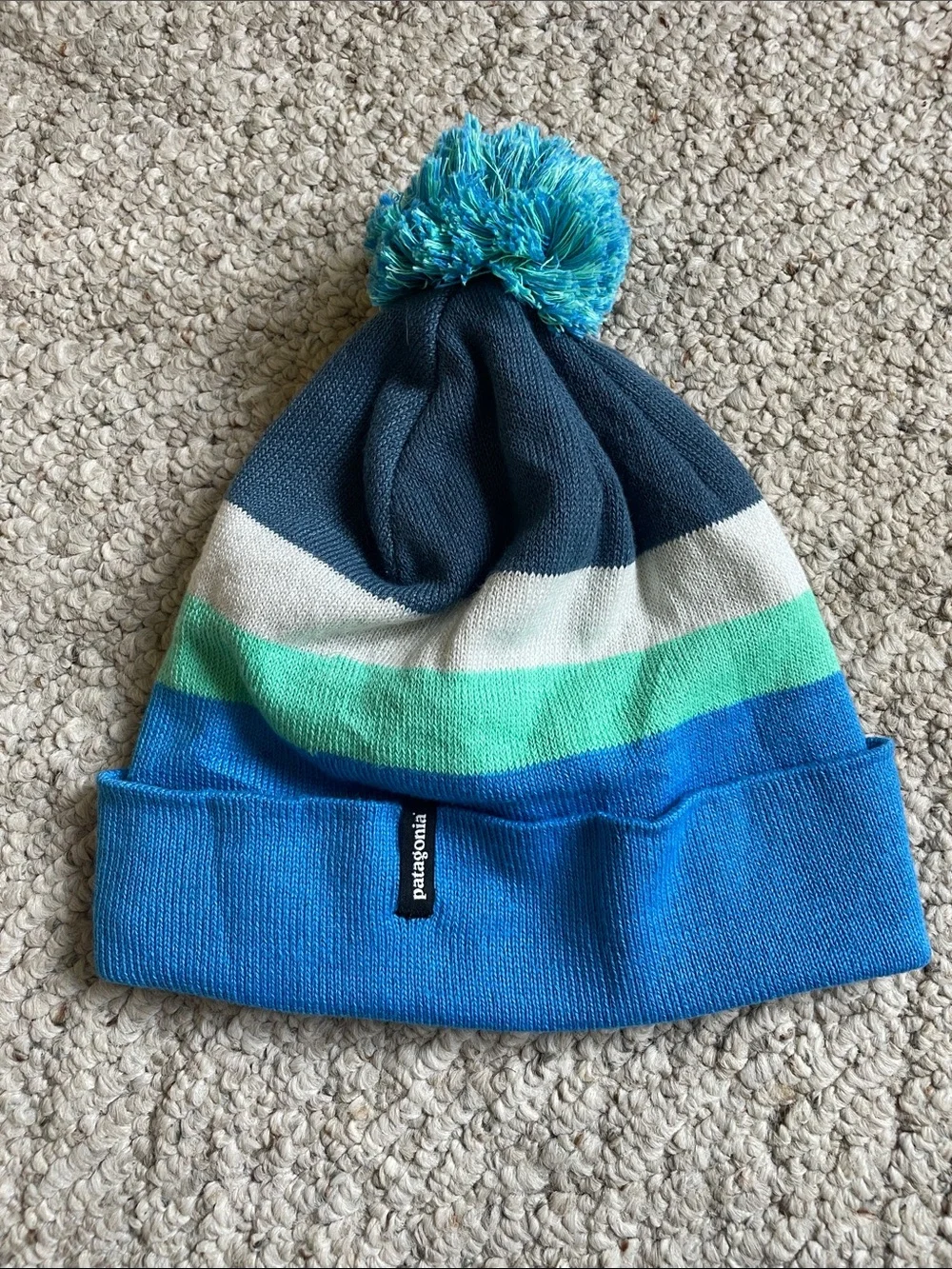 Patagonia Kids Navy, White, Mint & Blue Pom Winter Beanie Hat